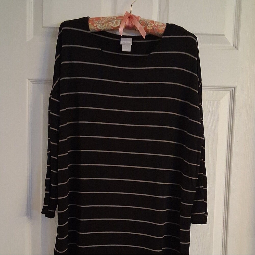 Chico's Striped Knit Shift Dress Womens M Black Gray 3/4 Sleeve
